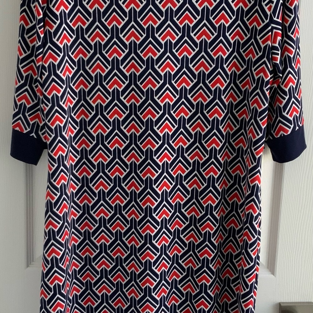 Liz Claiborne Dress XL Midi, Red White Blue Geometric Design, 3/4 Sleeves. - Picture 9 of 9
